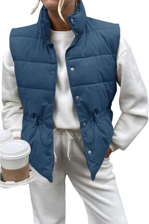 Saodimallsu Womens Puffer Vest Stand Collar Button Down Padded Jacket with Drawstring Waist