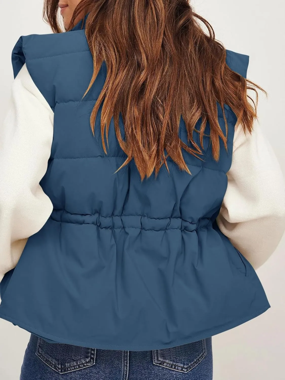 Saodimallsu Womens Puffer Vest Stand Collar Button Down Padded Jacket with Drawstring Waist