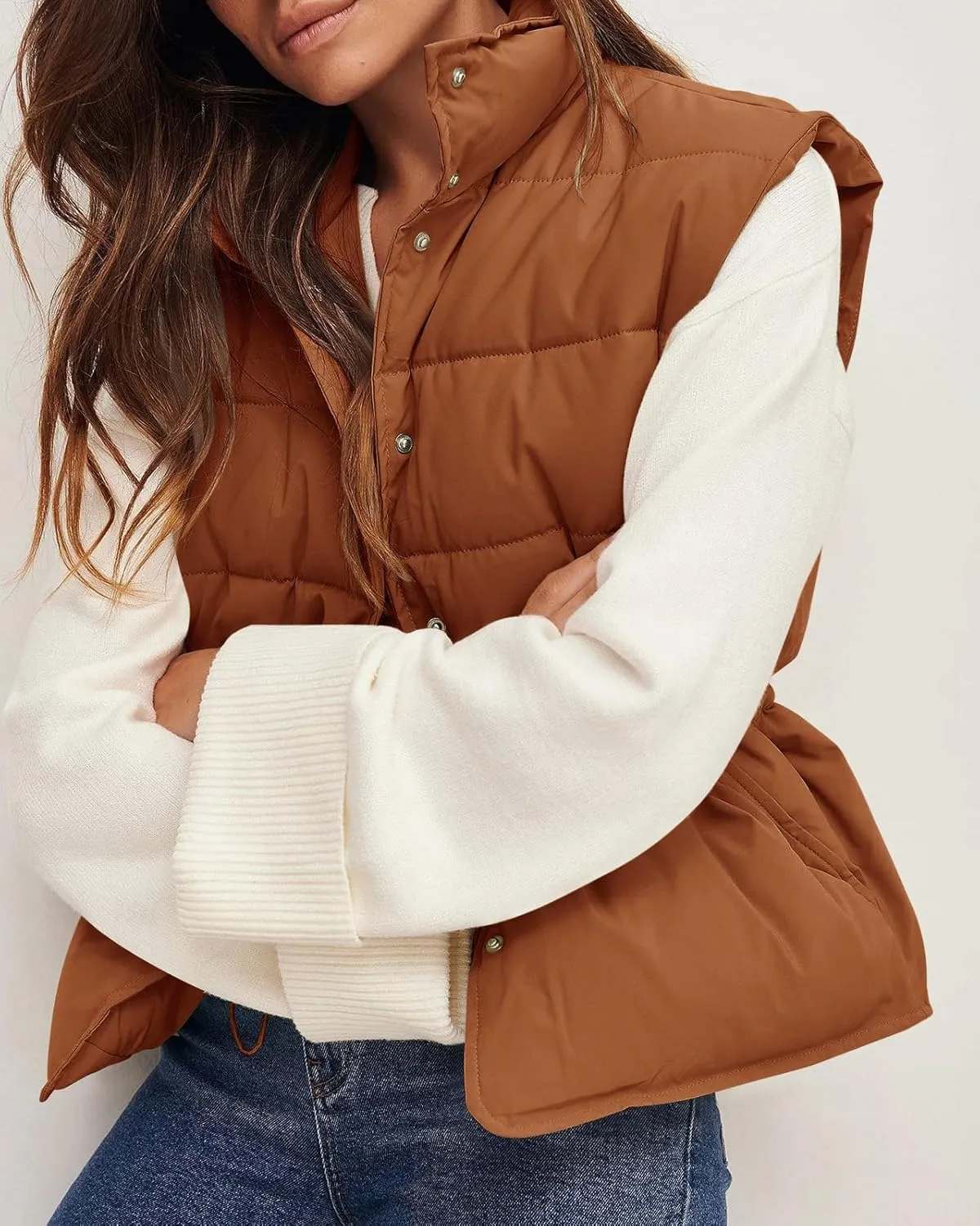 Saodimallsu Womens Puffer Vest Stand Collar Button Down Padded Jacket with Drawstring Waist