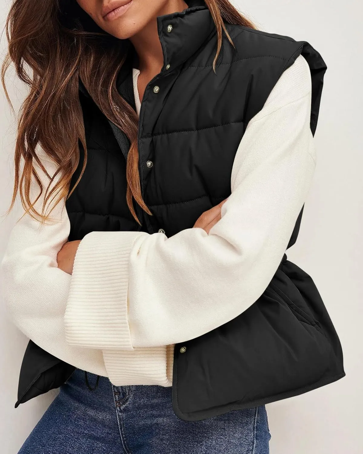 Saodimallsu Womens Puffer Vest Stand Collar Button Down Padded Jacket with Drawstring Waist