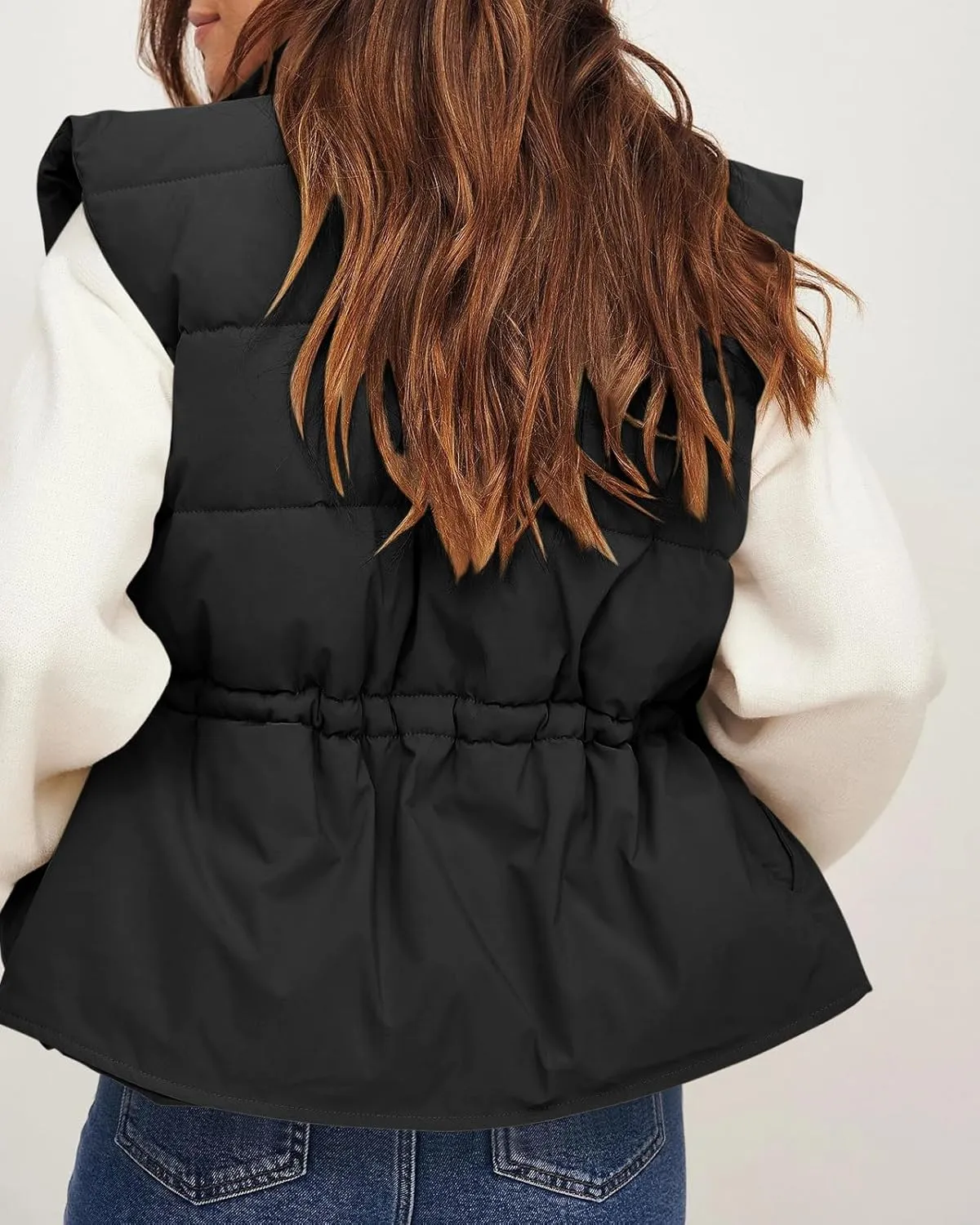 Saodimallsu Womens Puffer Vest Stand Collar Button Down Padded Jacket with Drawstring Waist
