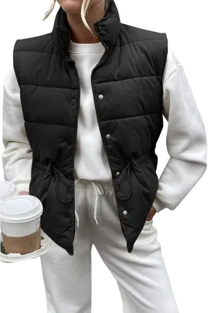 Saodimallsu Womens Puffer Vest Stand Collar Button Down Padded Jacket with Drawstring Waist