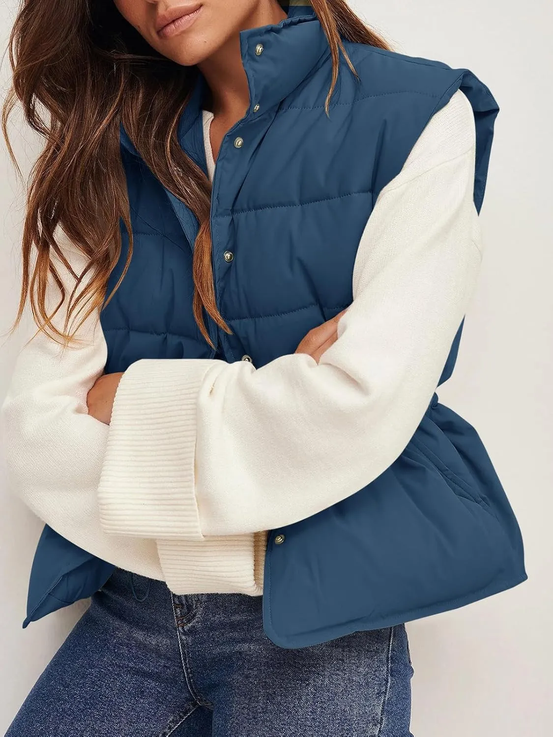 Saodimallsu Womens Puffer Vest Stand Collar Button Down Padded Jacket with Drawstring Waist