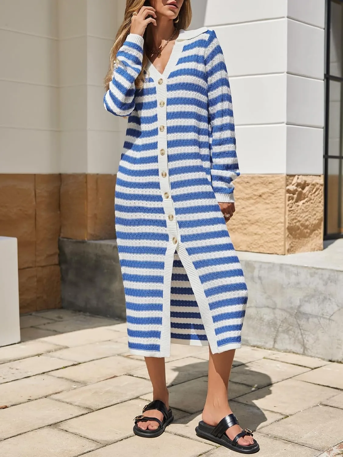 Saodimallsu Womens Striped Midi Sweater Dress V Neck Collared Long Sleeve Button Down Loose Knit Duster Cardigan