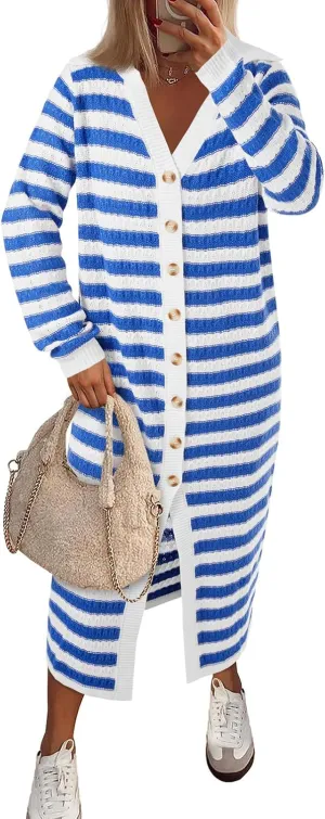 Saodimallsu Womens Striped Midi Sweater Dress V Neck Collared Long Sleeve Button Down Loose Knit Duster Cardigan