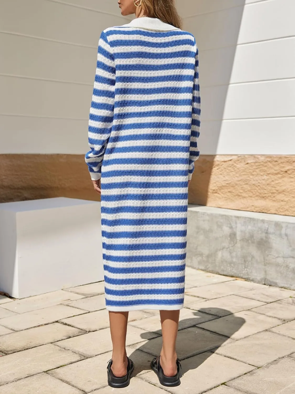 Saodimallsu Womens Striped Midi Sweater Dress V Neck Collared Long Sleeve Button Down Loose Knit Duster Cardigan