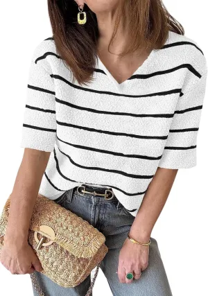 Saodimallsu Womens Summer Short Sleeve Sweater Tops Striped V Neck T Shirts Casual Loose Fit 2025 Trendy Knit Top