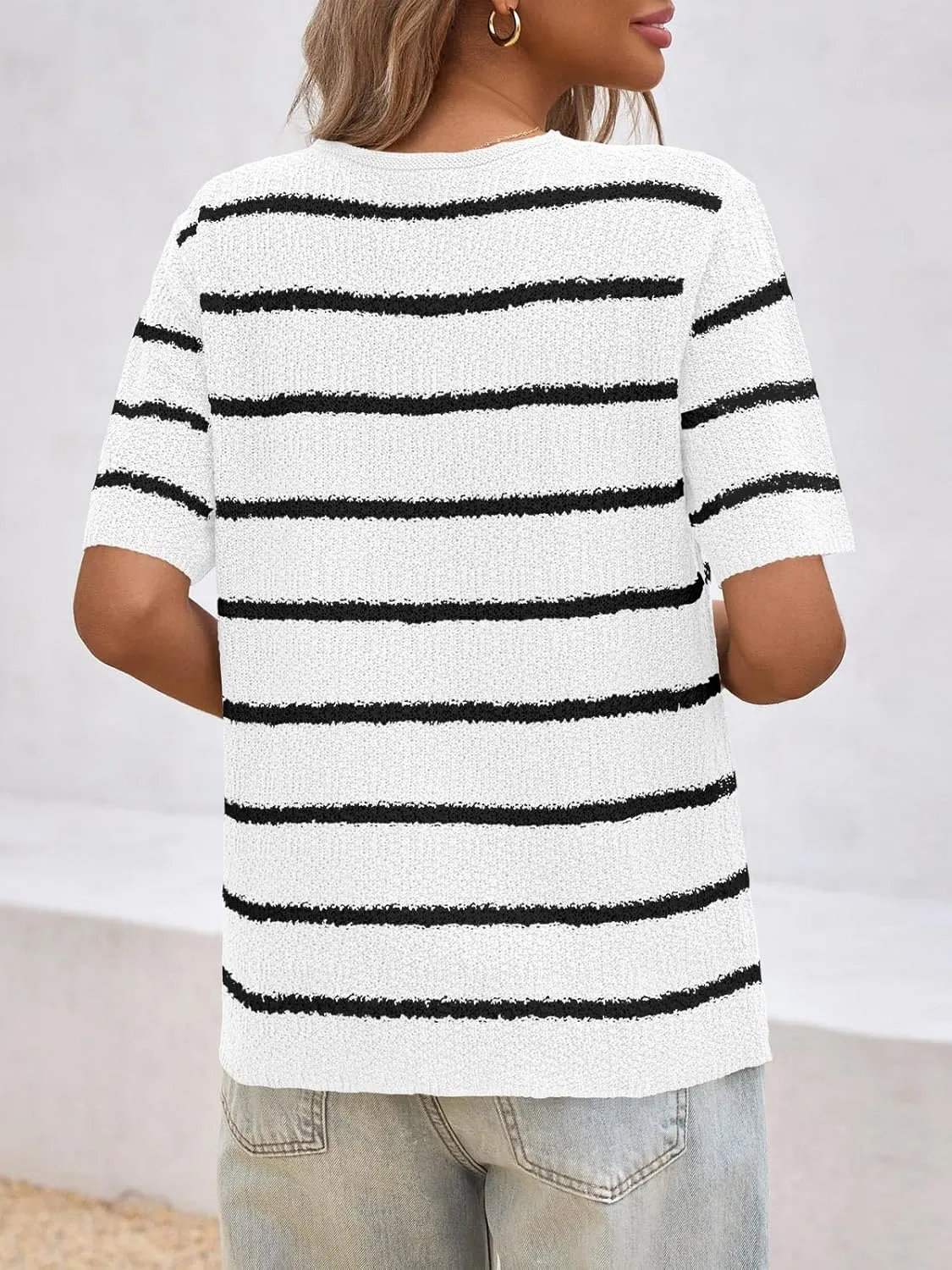 Saodimallsu Womens Summer Short Sleeve Sweater Tops Striped V Neck T Shirts Casual Loose Fit 2025 Trendy Knit Top