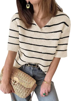 Saodimallsu Womens Summer Short Sleeve Sweater Tops Striped V Neck T Shirts Casual Loose Fit 2025 Trendy Knit Top