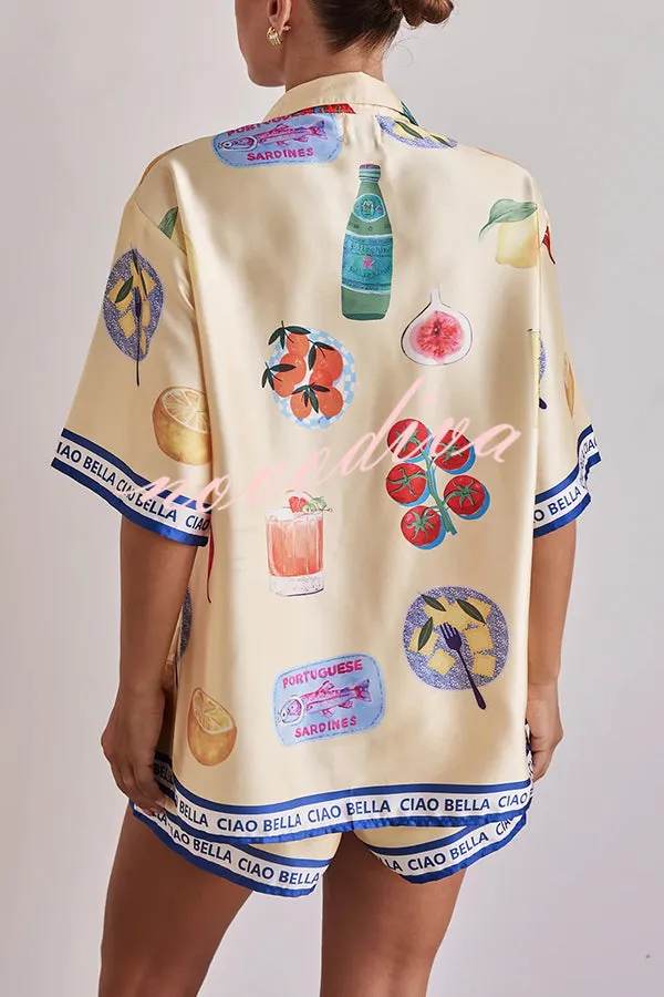 Satin Unique Print Lapel Short Sleeve Loose Shirt and Elastic Waist Drawstring Shorts Set
