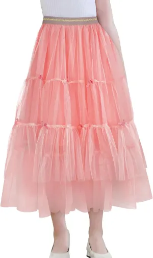 SEAUR Girls' Tulle A-line Mesh Long Tutu Skirts Casual Elastic High Waist Layered Skirt Party Princess Skirt