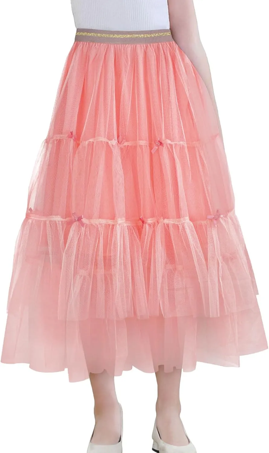 SEAUR Girls' Tulle A-line Mesh Long Tutu Skirts Casual Elastic High Waist Layered Skirt Party Princess Skirt