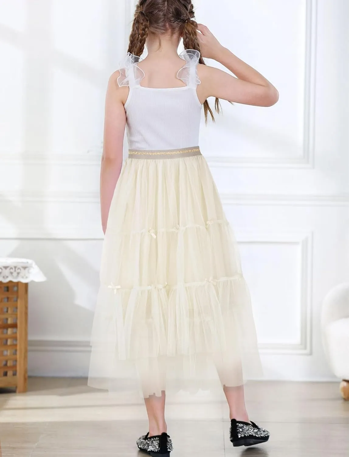 SEAUR Girls' Tulle A-line Mesh Long Tutu Skirts Casual Elastic High Waist Layered Skirt Party Princess Skirt