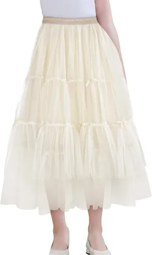 SEAUR Girls' Tulle A-line Mesh Long Tutu Skirts Casual Elastic High Waist Layered Skirt Party Princess Skirt