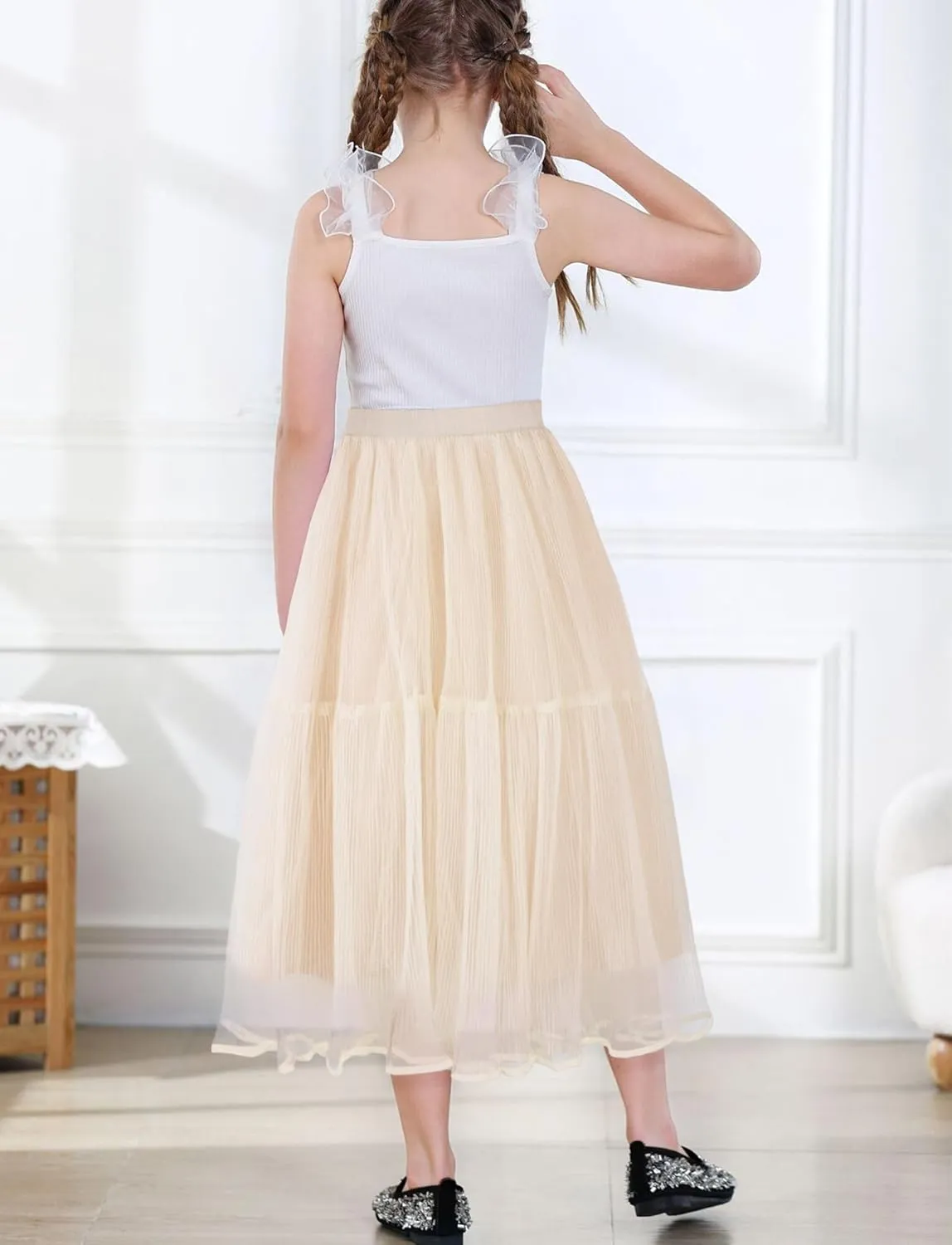 SEAUR Girls' Tulle A-line Mesh Long Tutu Skirts Casual Elastic High Waist Layered Skirt Party Princess Skirt