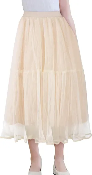SEAUR Girls' Tulle A-line Mesh Long Tutu Skirts Casual Elastic High Waist Layered Skirt Party Princess Skirt