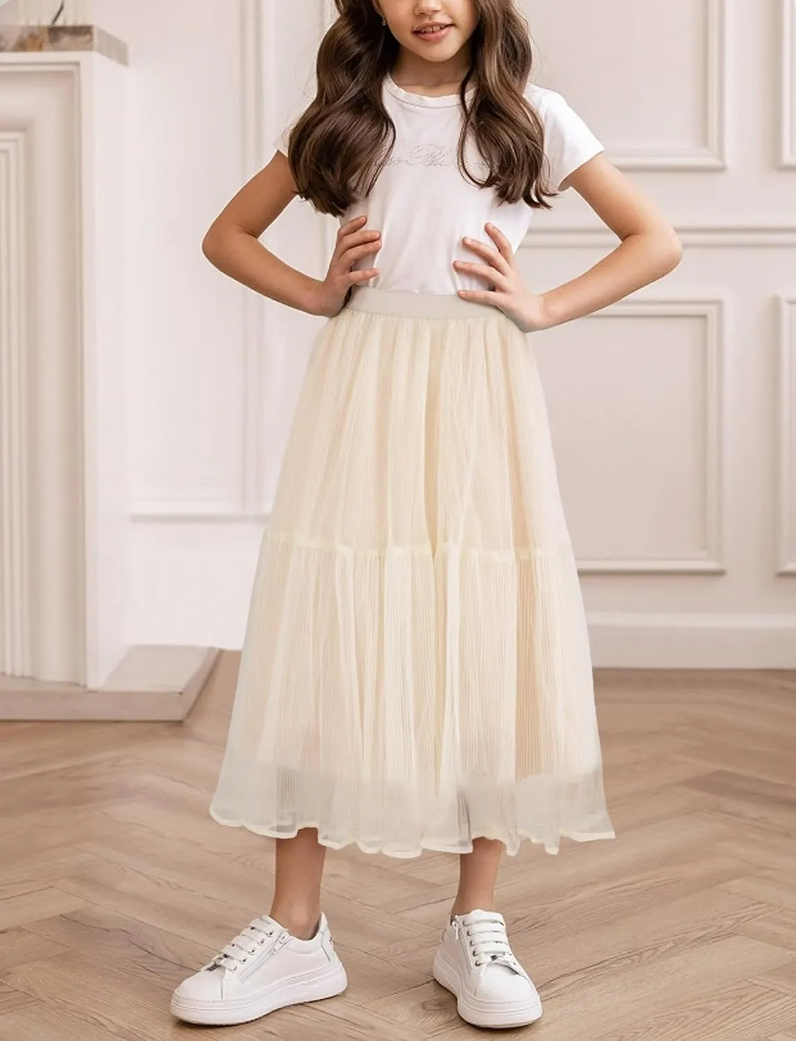 SEAUR Girls' Tulle A-line Mesh Long Tutu Skirts Casual Elastic High Waist Layered Skirt Party Princess Skirt
