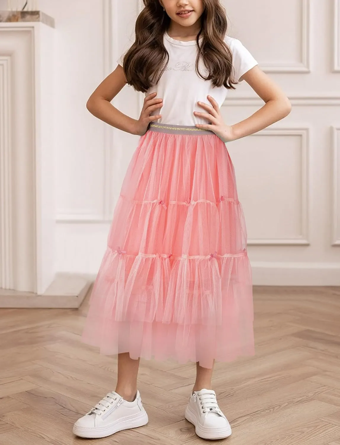SEAUR Girls' Tulle A-line Mesh Long Tutu Skirts Casual Elastic High Waist Layered Skirt Party Princess Skirt