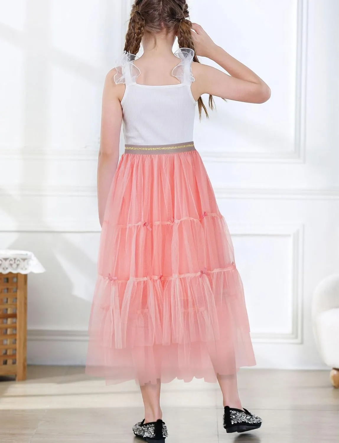 SEAUR Girls' Tulle A-line Mesh Long Tutu Skirts Casual Elastic High Waist Layered Skirt Party Princess Skirt