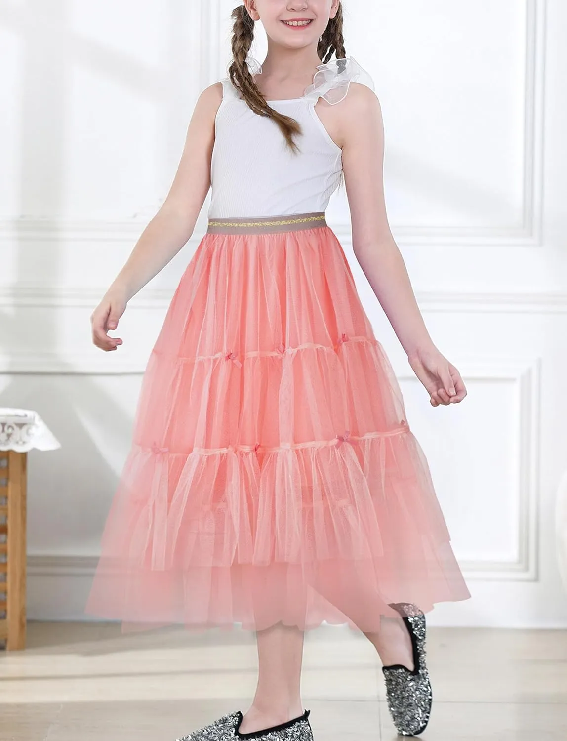 SEAUR Girls' Tulle A-line Mesh Long Tutu Skirts Casual Elastic High Waist Layered Skirt Party Princess Skirt