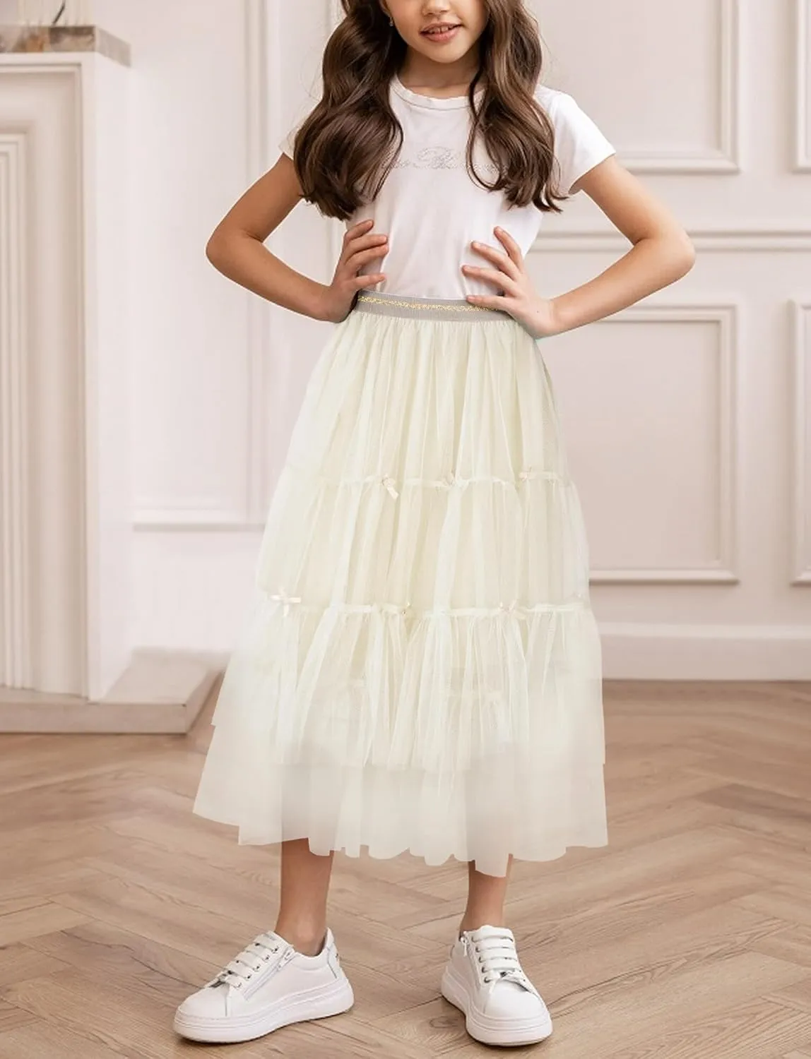 SEAUR Girls' Tulle A-line Mesh Long Tutu Skirts Casual Elastic High Waist Layered Skirt Party Princess Skirt