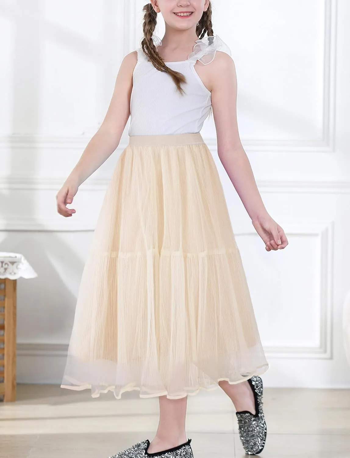 SEAUR Girls' Tulle A-line Mesh Long Tutu Skirts Casual Elastic High Waist Layered Skirt Party Princess Skirt