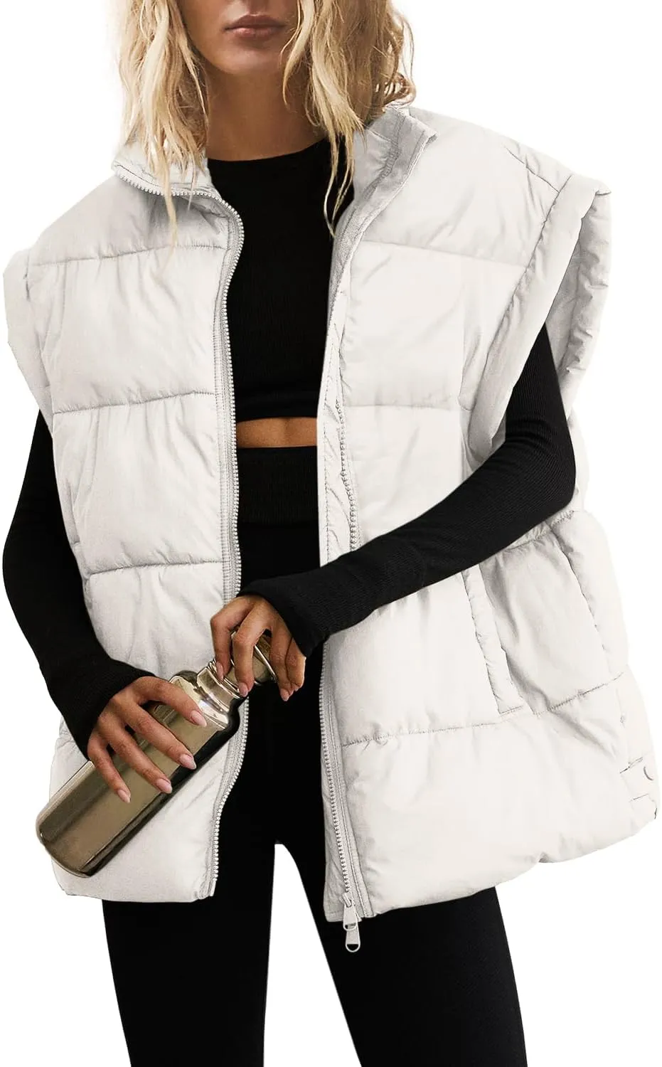 SENSERISE Womens Oversized Puffer Vest Quilted Jacket Bubble Vest Puffy Coats Zip Up Outerwear with Pockets Padded Gilet