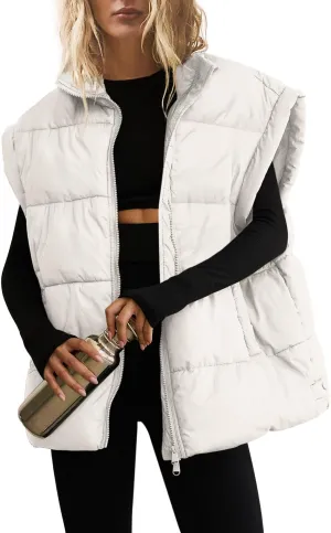 SENSERISE Womens Oversized Puffer Vest Quilted Jacket Bubble Vest Puffy Coats Zip Up Outerwear with Pockets Padded Gilet