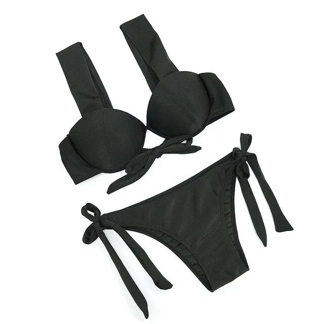 Sexy Black Bandeau Underwire Brazilian Push Up Bikini