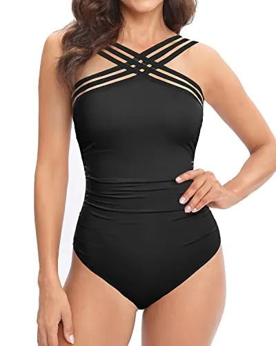 Sexy Crisscross Mesh Strap One Piece Swimwear For Women-Black