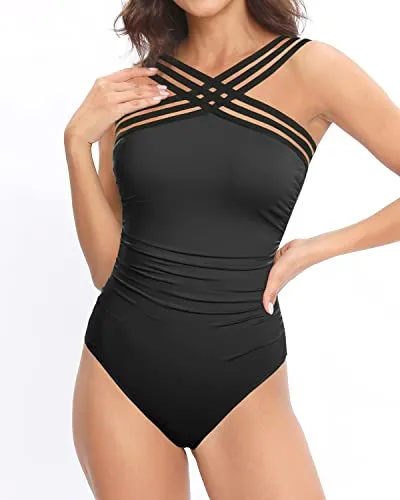 Sexy Crisscross Mesh Strap One Piece Swimwear For Women-Black