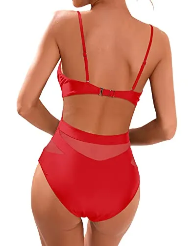 Sexy Plunge V Neckline High Waisted One Piece Bathing Suits-Red