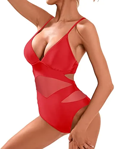 Sexy Plunge V Neckline High Waisted One Piece Bathing Suits-Red