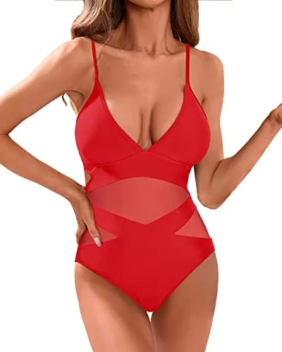 Sexy Plunge V Neckline High Waisted One Piece Bathing Suits-Red