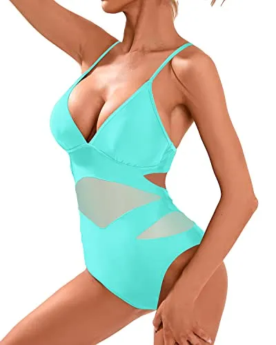 Sexy Push Up One Piece High Waisted Monokini Cutout Swimwear-Aqua