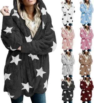 Sherpa Jacket Women Fuzzy Fleece Open Front Hooded Cardigan Cute Star Graphic Hoodie Fluffy Warm Winter Coats Outwear