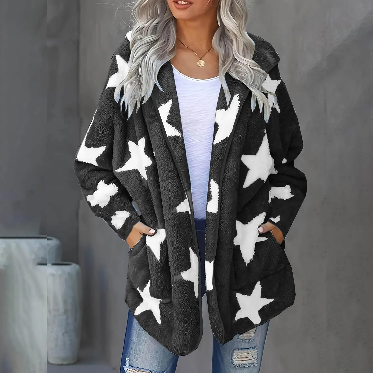 Sherpa Jacket Women Fuzzy Fleece Open Front Hooded Cardigan Cute Star Graphic Hoodie Fluffy Warm Winter Coats Outwear