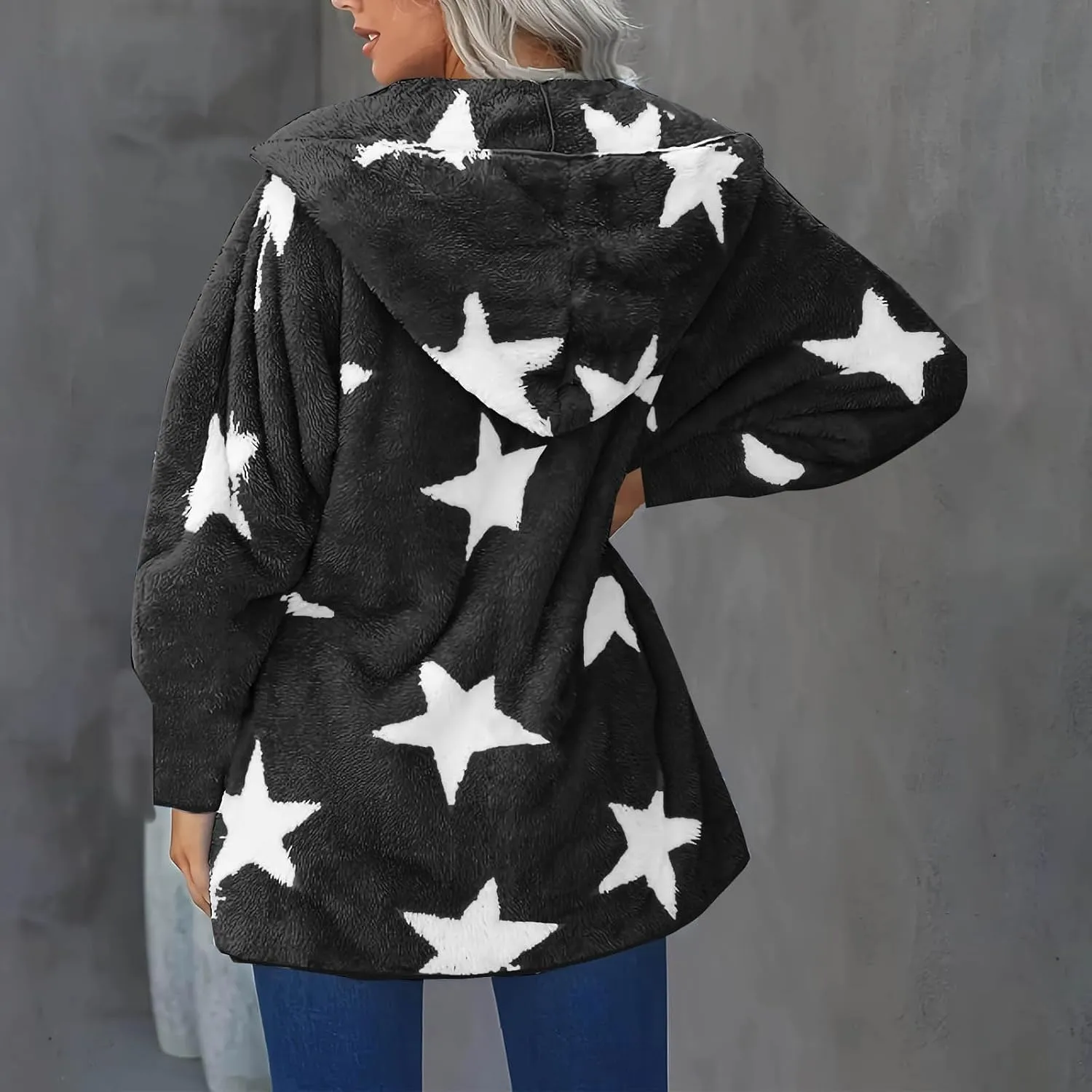 Sherpa Jacket Women Fuzzy Fleece Open Front Hooded Cardigan Cute Star Graphic Hoodie Fluffy Warm Winter Coats Outwear