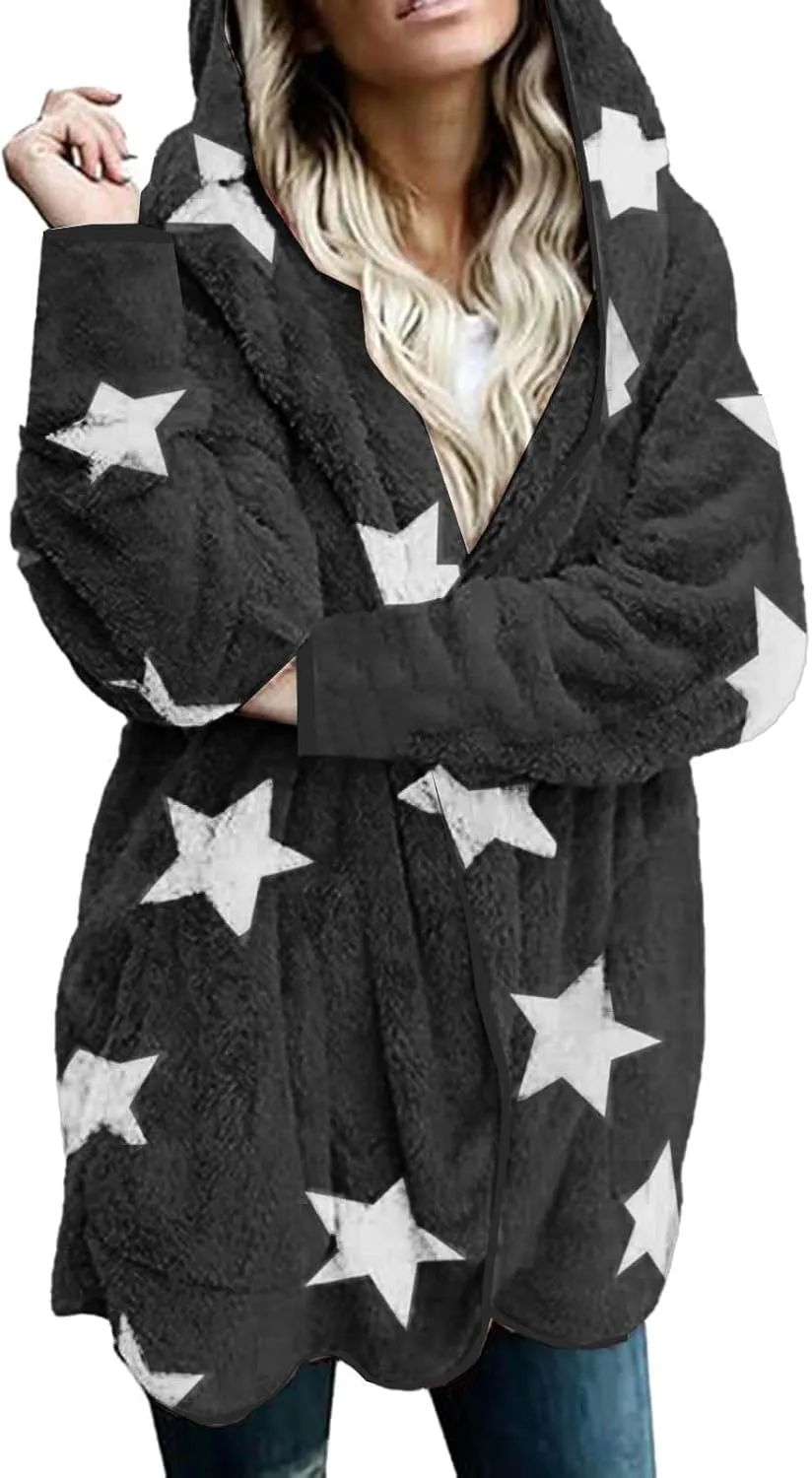 Sherpa Jacket Women Fuzzy Fleece Open Front Hooded Cardigan Cute Star Graphic Hoodie Fluffy Warm Winter Coats Outwear