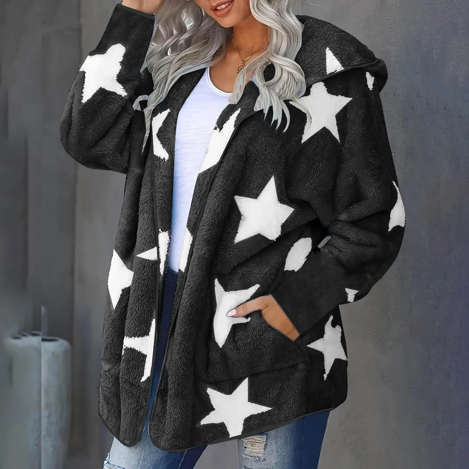 Sherpa Jacket Women Fuzzy Fleece Open Front Hooded Cardigan Cute Star Graphic Hoodie Fluffy Warm Winter Coats Outwear