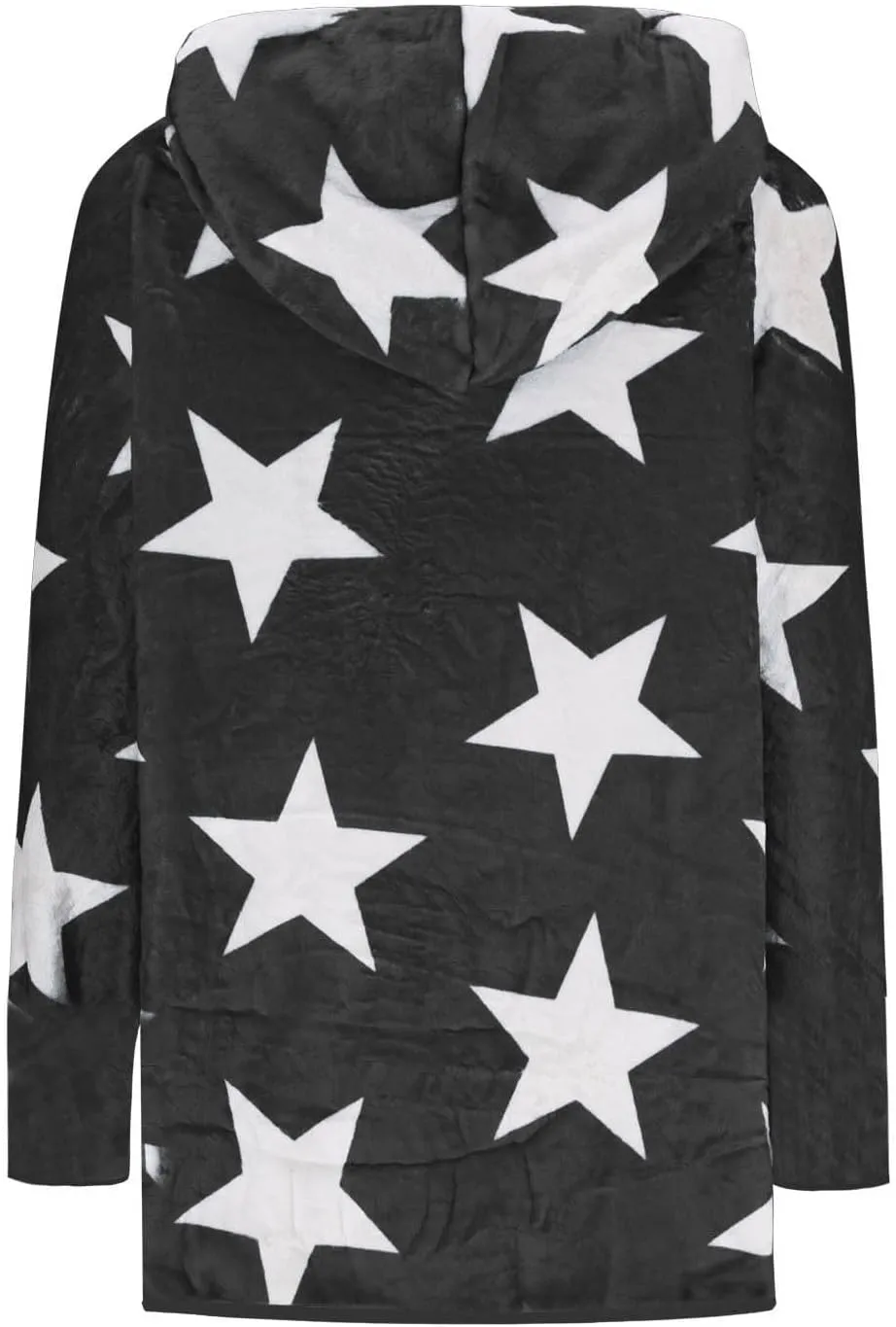 Sherpa Jacket Women Fuzzy Fleece Open Front Hooded Cardigan Cute Star Graphic Hoodie Fluffy Warm Winter Coats Outwear