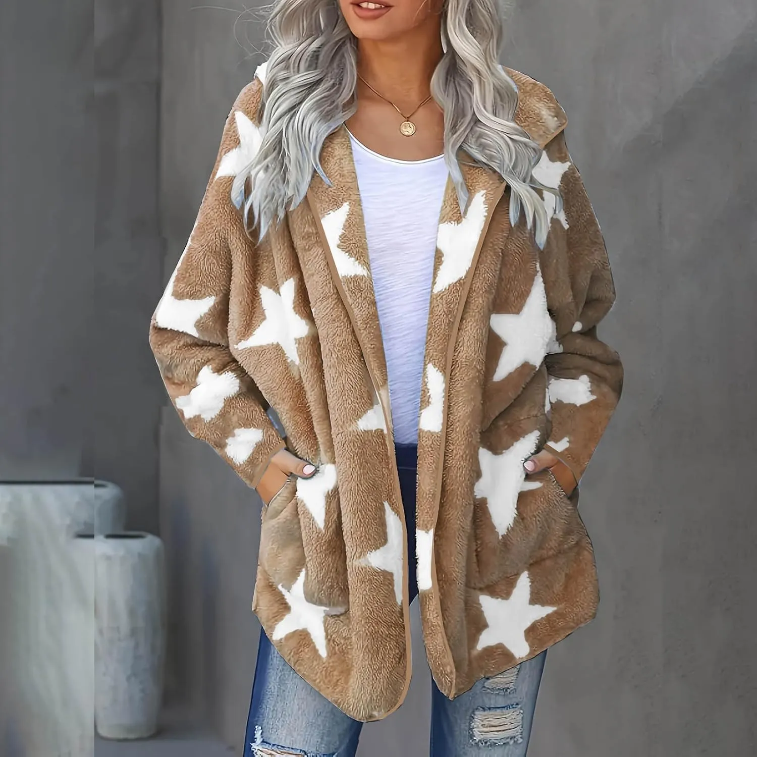 Sherpa Jacket Women Fuzzy Fleece Open Front Hooded Cardigan Cute Star Graphic Hoodie Fluffy Warm Winter Coats Outwear