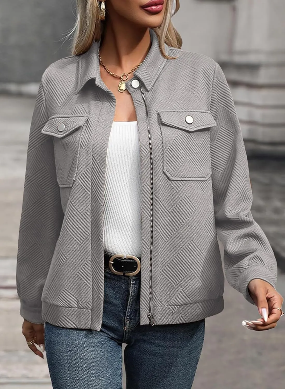 SHEWIN Jackets for Women Fall Fashion 2024 Casual Zip Up Shacket Jacket Lightweight Long Sleeve Shirts Tops