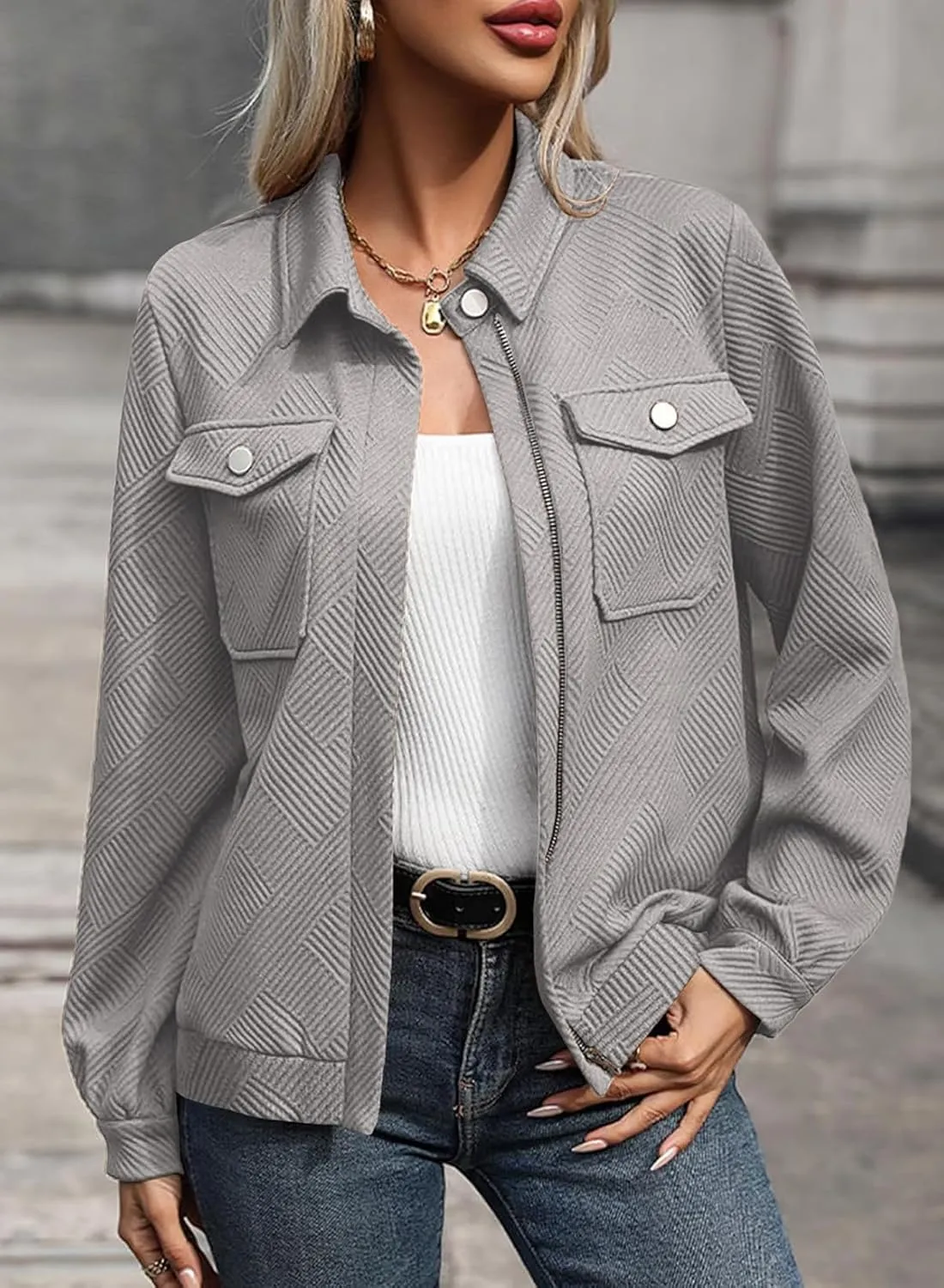 SHEWIN Jackets for Women Fall Fashion 2024 Casual Zip Up Shacket Jacket Lightweight Long Sleeve Shirts Tops