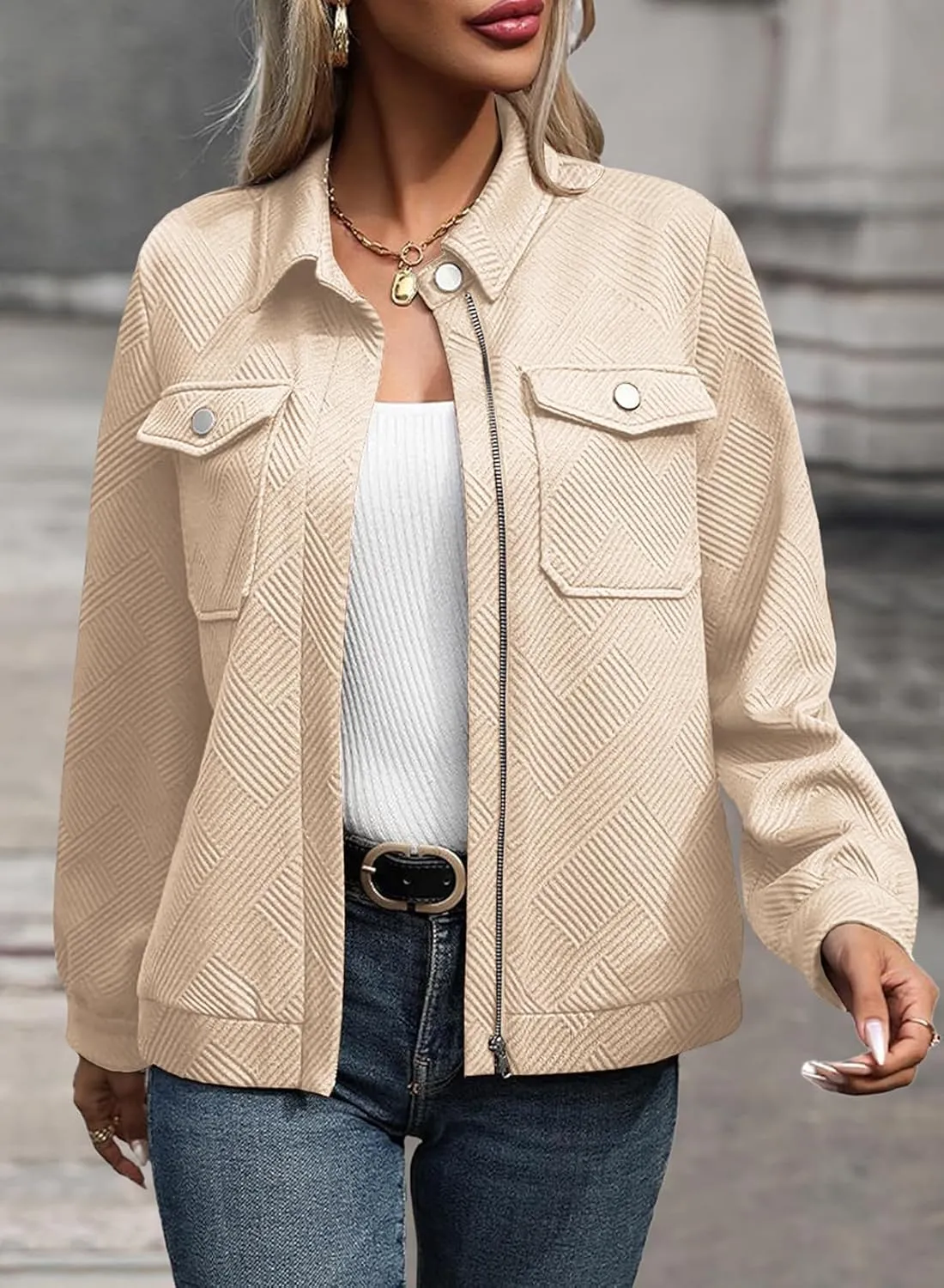 SHEWIN Jackets for Women Fall Fashion 2024 Casual Zip Up Shacket Jacket Lightweight Long Sleeve Shirts Tops