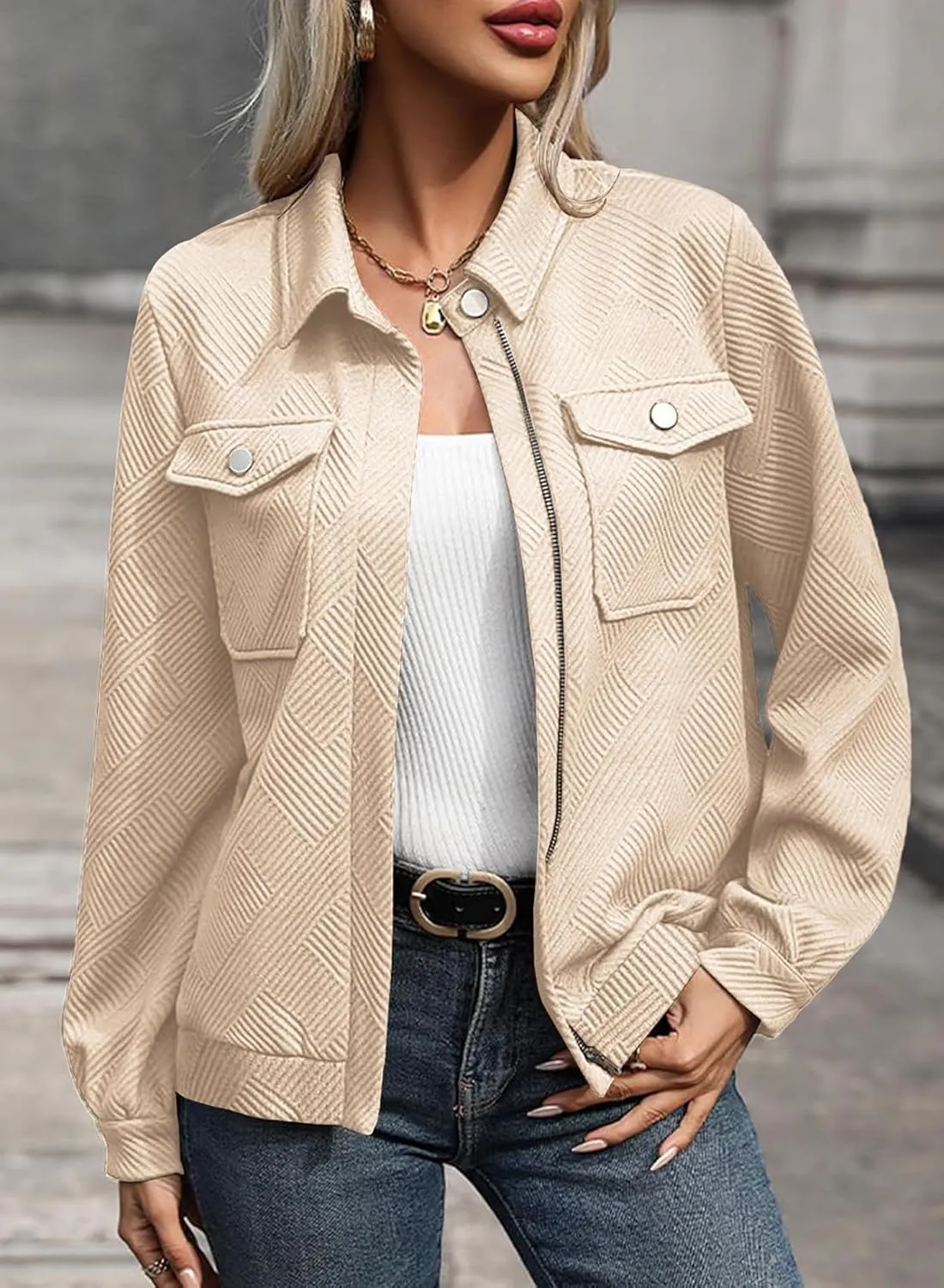 SHEWIN Jackets for Women Fall Fashion 2024 Casual Zip Up Shacket Jacket Lightweight Long Sleeve Shirts Tops