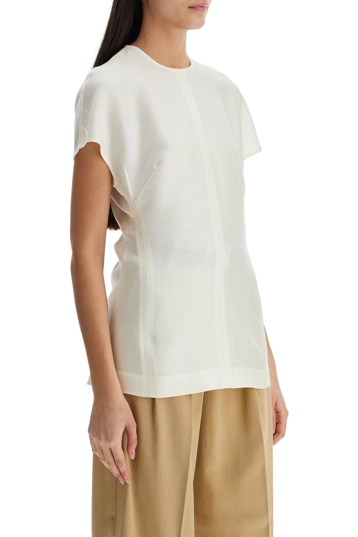 short sleeve wool and silk top in macadamia 251 WRT0399 FB0324 MACADAMIA