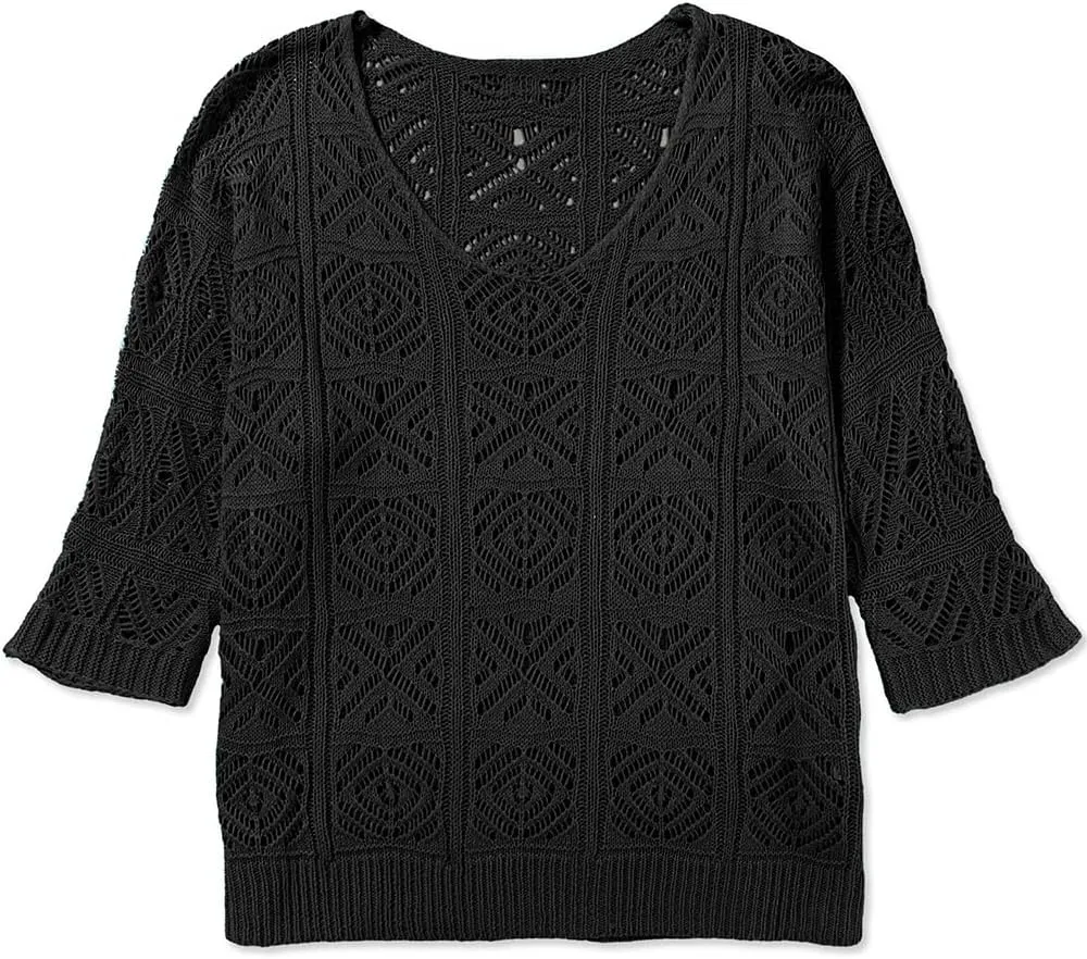 Sidefeel Women's 2025 Spring Summer Crochet Tops Off The Shoulder Hollow Out Knit Tops 3/4 Sleeve Pullover Sweater Cover Ups