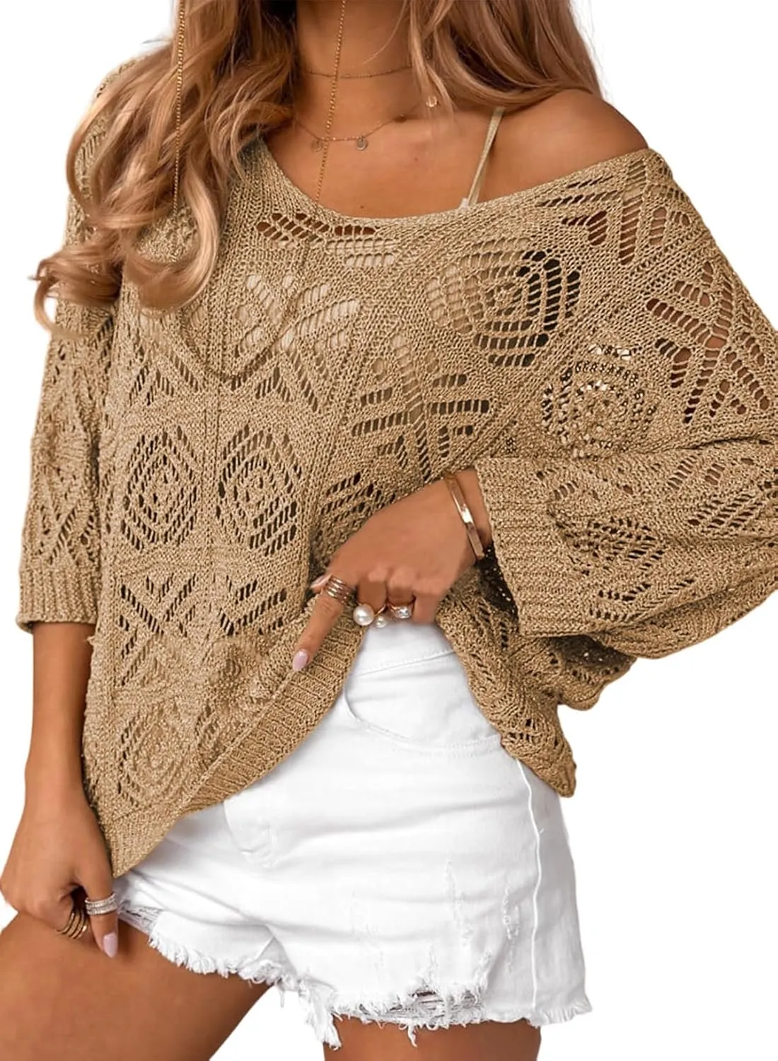 Sidefeel Women's 2025 Spring Summer Crochet Tops Off The Shoulder Hollow Out Knit Tops 3/4 Sleeve Pullover Sweater Cover Ups