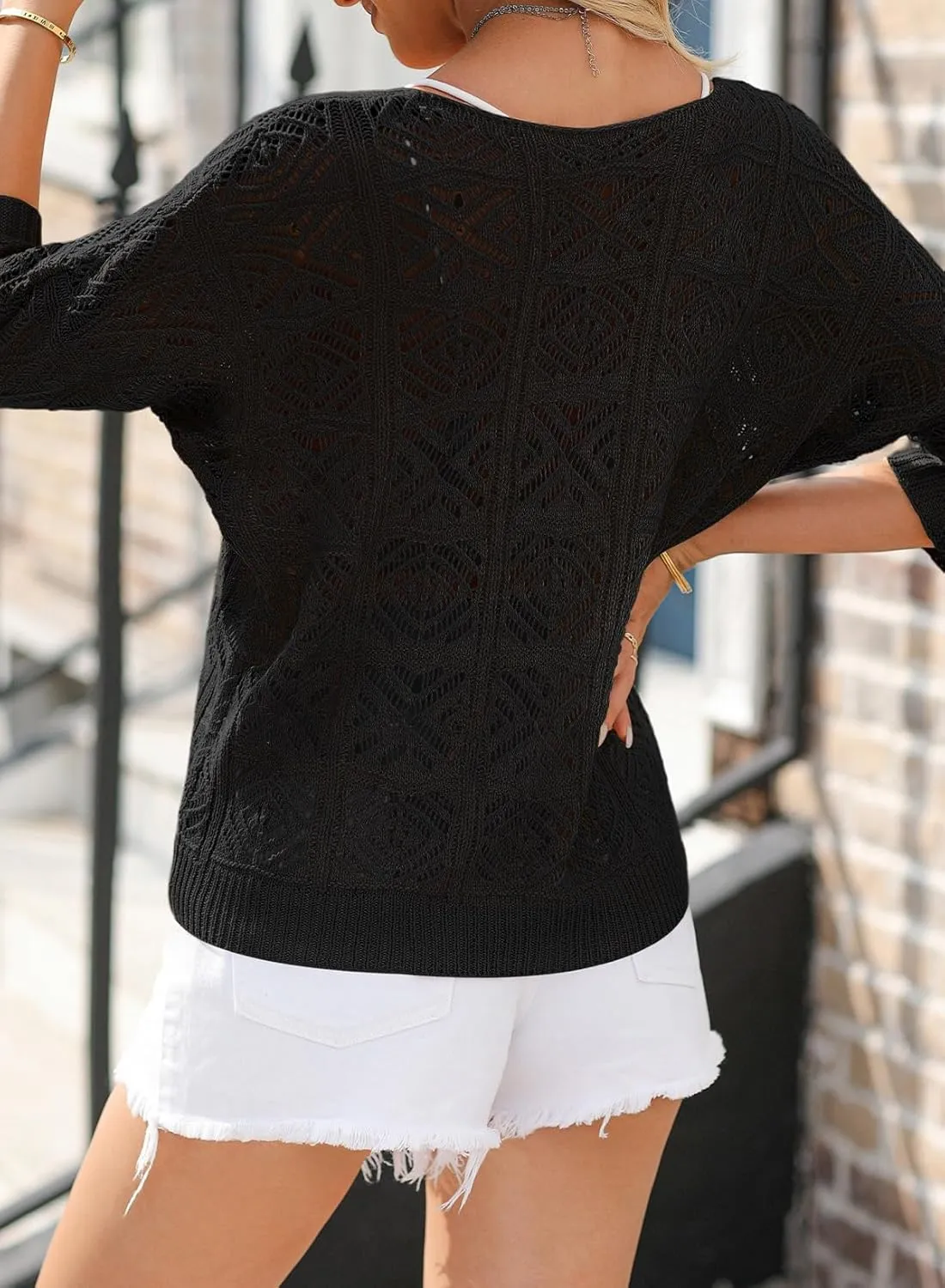 Sidefeel Women's 2025 Spring Summer Crochet Tops Off The Shoulder Hollow Out Knit Tops 3/4 Sleeve Pullover Sweater Cover Ups